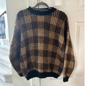 Vintage 80s 90s Tan & Brown Buffalo Plaid Wool Mohair Blend Crewneck Sweater